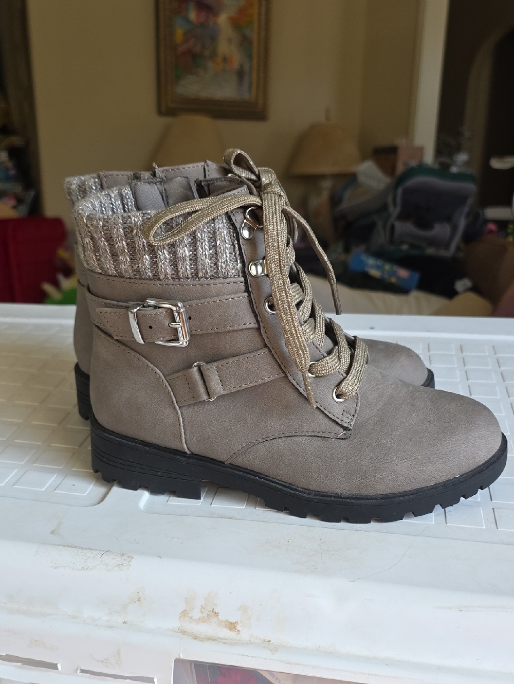 Kids Taupe Knit-Cuff Lace-Up Ankle Boots